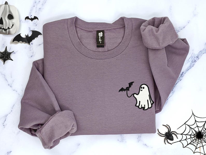 purple ghost Halloween sweatshirt with bat