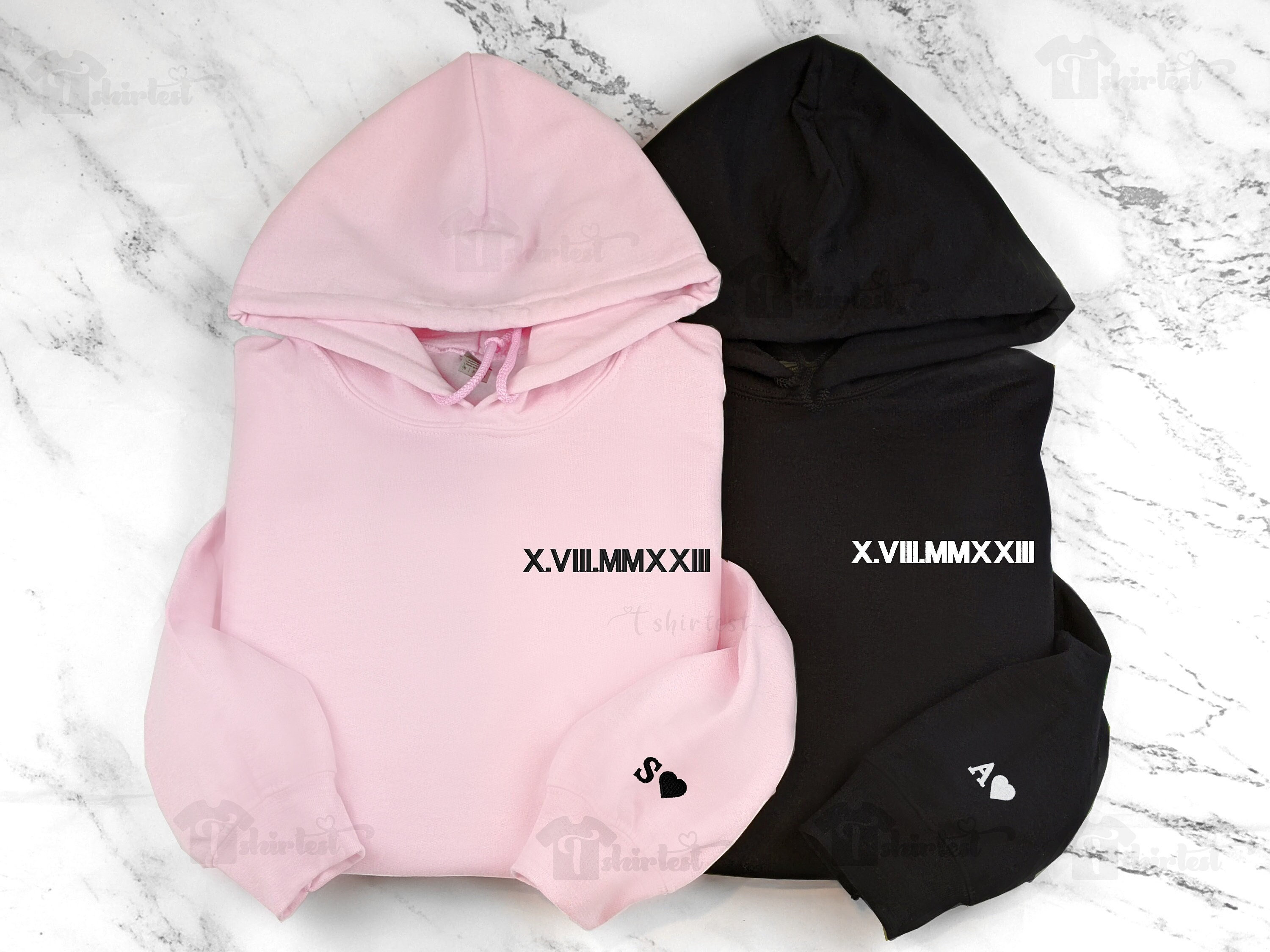Custom Embroidered roman numeral hoodie or Crewneck Sweatshirt Date + Initial heart on sleeve Anniversary gift couples gift Engagement gift