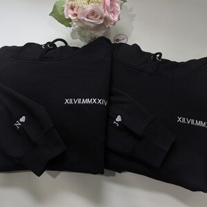 couples anniversary date sweatshirt with initials and a heart on sleeve, meaningful gift for him and her