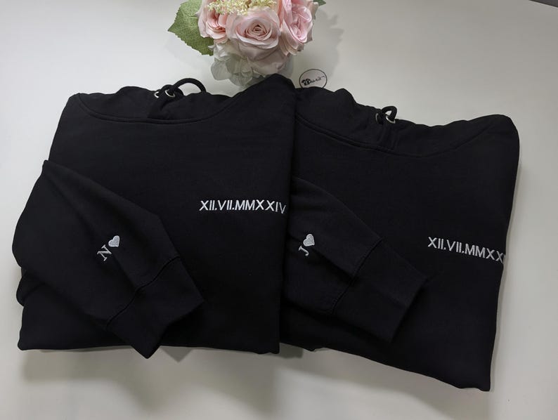 couples anniversary date sweatshirt with initials and a heart on sleeve, meaningful gift for him and her