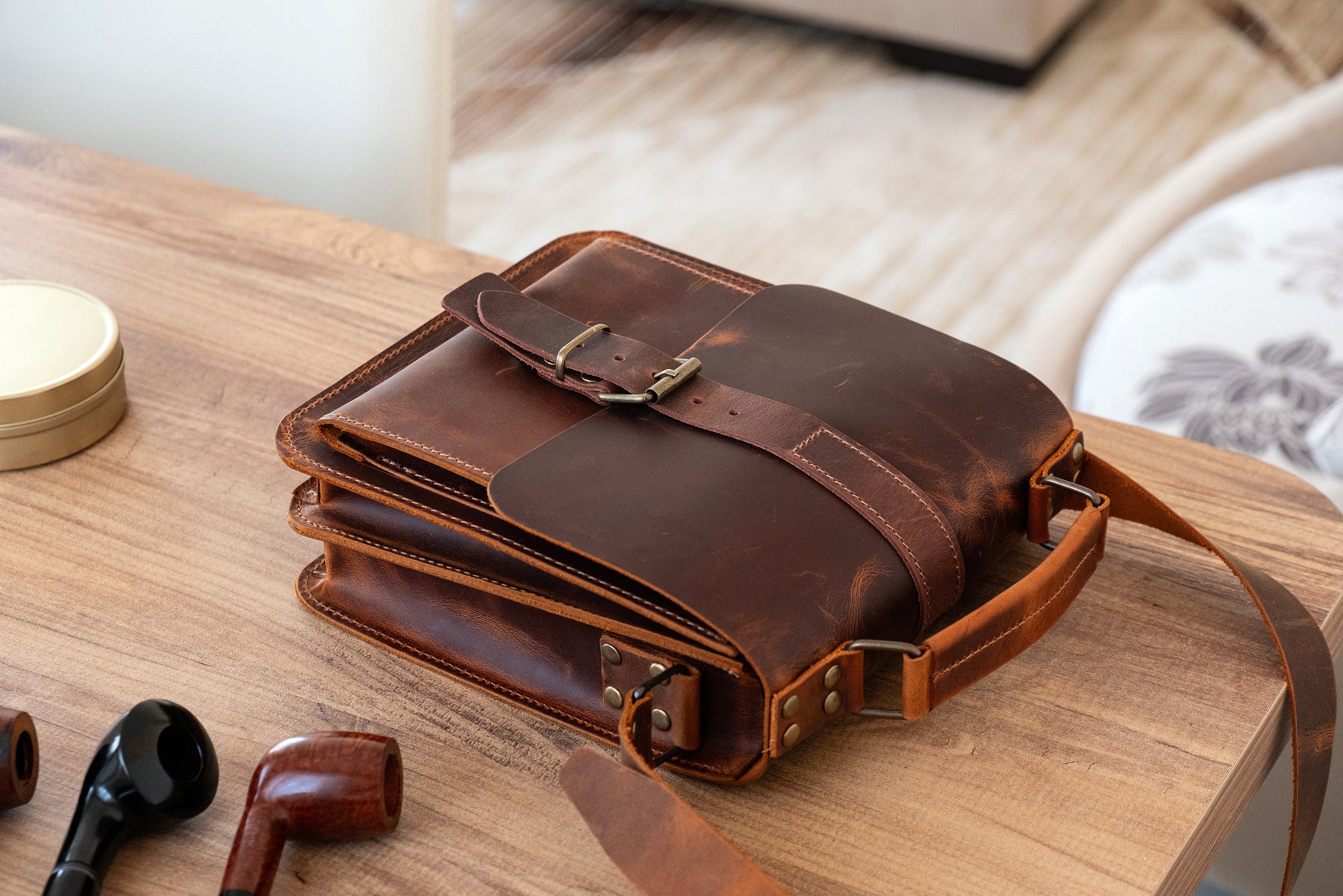 Stock Sale ! 35% Off ! Leather 8-Pipe Messenger Bag, Handmade Shoulder Pipe Tobacco Bag, Crossbody Bag for 8-Pipes