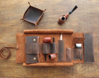 Leather Pipe Pouch for 2-Pipes, Handmade 2-Pipe Rollup Bag, Double-Pipe Rollup Pouch, Tobacco