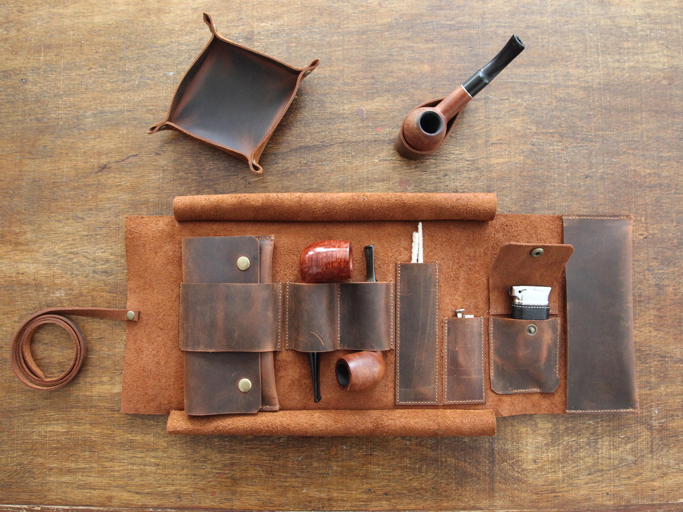 Personalized Leather Pipe Pouch/Pipe Roll - Brown - Galen Leather