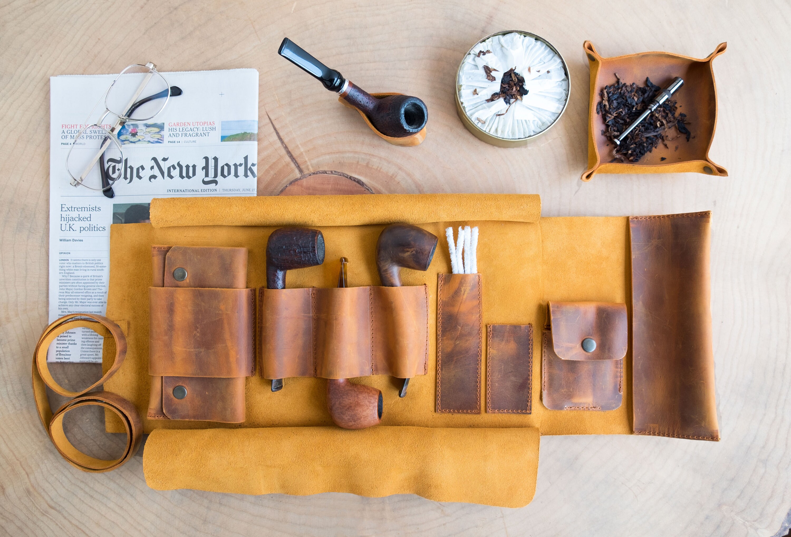 Leather Pipe Pouch Full Set, Handmade Pipe Rollup Bag, Tobacco Pouch