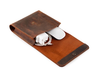 Leather Laptop Charger Organizer, Cable & Mouse Storage Case
