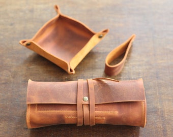 Leather Pipe Pouch Full Set, Handmade Pipe Rollup Bag, Tobacco Pouch, Pipe Stand, Valet Tray, The Pipe Smokers Full Set, Camel