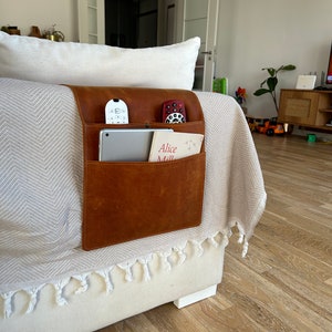 Leather Sofa Armrest Organizer, Handmade Couch & Sofa Caddy with 3 Pockets for Phone, Book, Magazines, Tablet, Remote Controls image 3