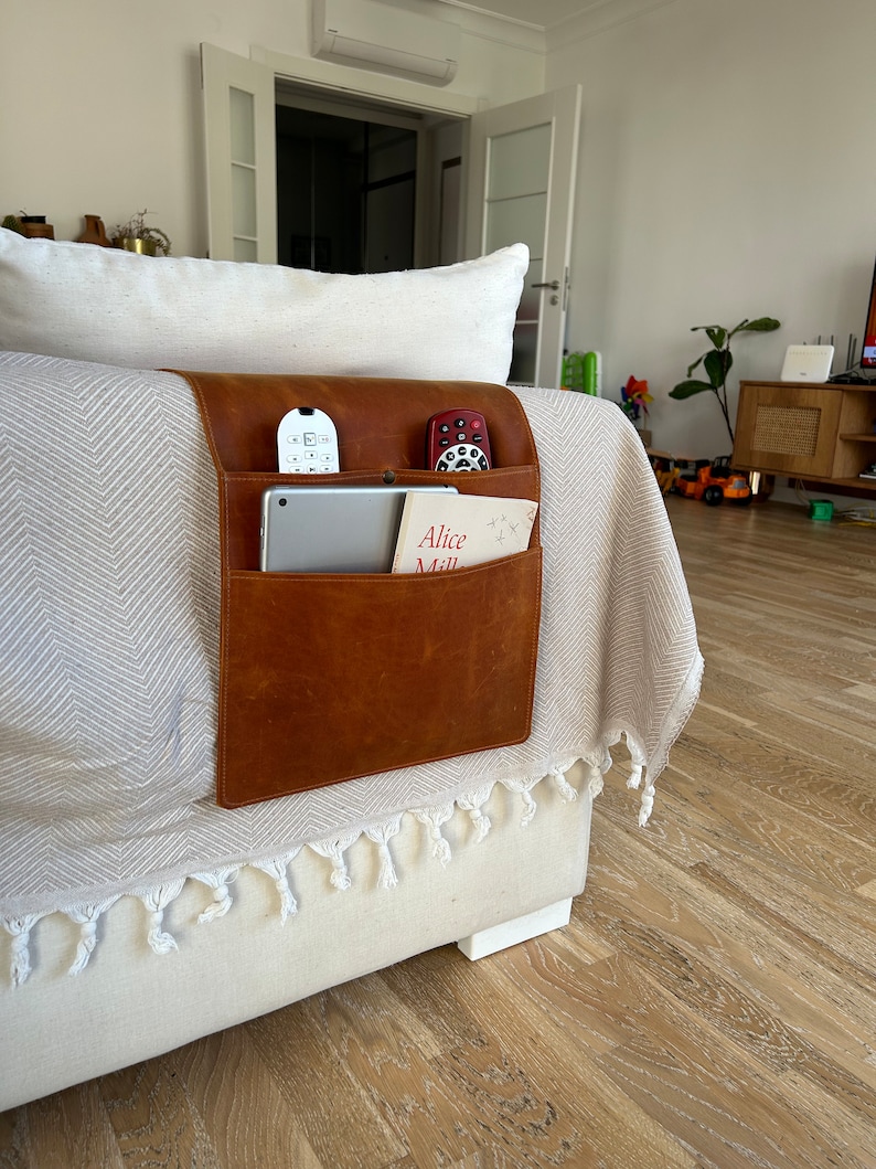 Leather Sofa Armrest Organizer, Handmade Couch & Sofa Caddy with 3 Pockets for Phone, Book, Magazines, Tablet, Remote Controls image 3