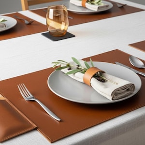 Leather Placemat Set: Handmade Placemat Complete Set with Cutlery and Napkin Ring - Personalized Dining Table Mat Sets