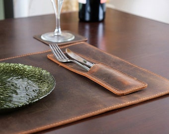 Leather Cutlery and Placemat Set, Dining Table Placemats, Personalized Placemat and Cutlery Sets For Cafe & Restaurants