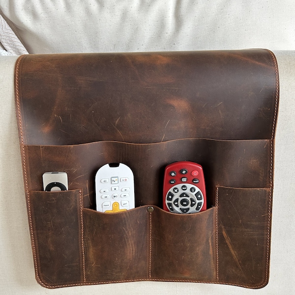 Leather Sofa Armrest Organizer, Handmade Couch & Sofa Caddy with 5 Pockets for Phone, Book, Magazines, Tablet, Remote Controls