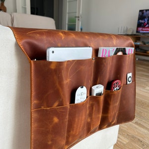 Leather Sofa Armrest Organizer, Handmade Couch & Sofa Caddy with 7 Pockets for Phone, Book, Magazines, Tablet, Remote Controls image 2
