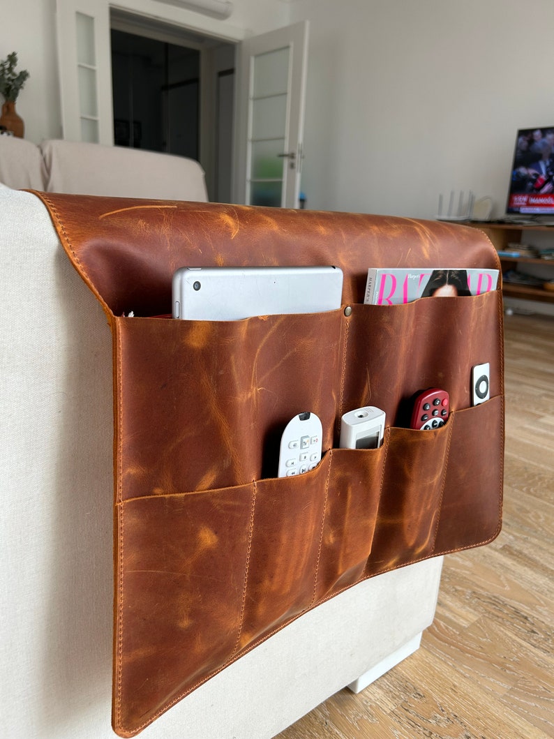 Leather Sofa Armrest Organizer, Handmade Couch & Sofa Caddy with 7 Pockets for Phone, Book, Magazines, Tablet, Remote Controls image 2