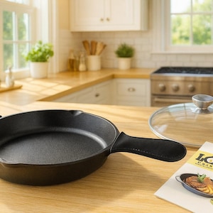 May include: A black cast iron skillet with a long handle and a glass lid with a silver knob. A brochure with the Lodge logo and a picture of food in a skillet is next to the skillet. The skillet is on a wooden countertop.