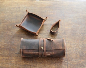 Leather Pipe Pouch Full Set, Handmade Pipe Rollup Bag, Tobacco Pouch, Pipe Stand, Valet Tray, The Pipe Smokers Full Set, Tobacco