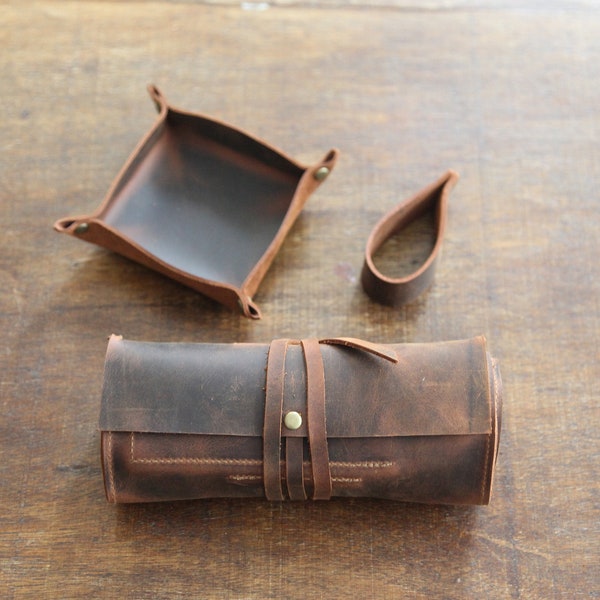 Leather Pipe Roll-Up Pouch, Personalized Pipe Tobacco Bag & Accessories, Brown