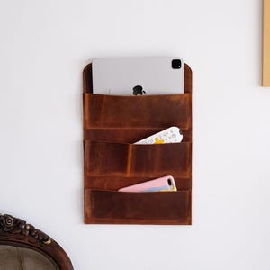 Distressed Leather Wall Organizer, Handmade Wall Caddy for Phone, Book, Magazines, Tablet, Remote Controls, Home & Office Storage Organizer