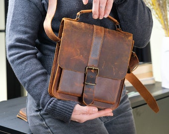 Leather Crossbody Bag, Handmade Mini Messenger Bag, Unisex Briefcase, Brown Messenger Bag, Shoulder Bag