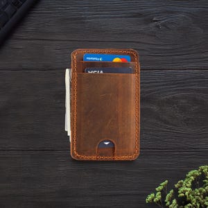 Cartera de cuero para tarjetas, billetera de bolsillo frontal hecha a mano, mini billetera de cuero personalizada, billetera minimalista de bolsillo con capacidad para 6 tarjetas y efectivo.