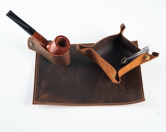 Leather Pipe Accessories Set, Leather Pipe Stand, Leather Valet Tray, Leather Tobacco Mat, The Pipe Smoker's Set