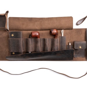 Leather Pipe Pouch for 4-Pipes, Handmade 4-Pipe Rollup Bag, Quadruple-Pipe Roll,  Chestnut