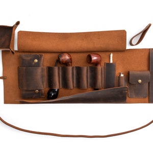 Leather Pipe Pouch for 4-Pipes, Handmade 4-Pipe Rollup Bag, Quadruple-Pipe Roll,  Tobacco