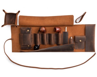 Leather Pipe Pouch for 4-Pipes, Handmade 4-Pipe Rollup Bag, Quadruple-Pipe Roll,  Tobacco