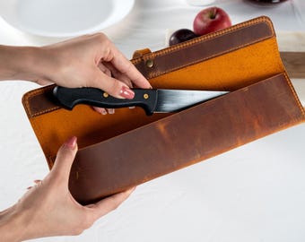 Leather Chef Knife Case, Handmade Single Knife Travel Roll, Personalized