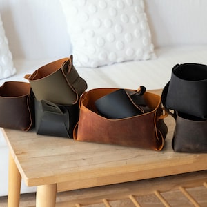 Handmade Distressed Leather Mini Basket Bin: Home Decor Organizer, Set of 6