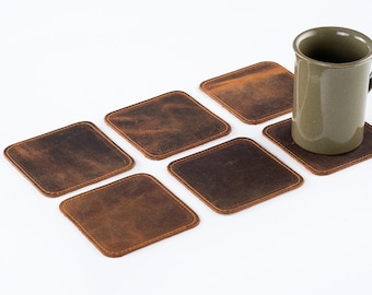 Distressed Leather Coasters Set of 6, Personalized Square Stitched Coasters