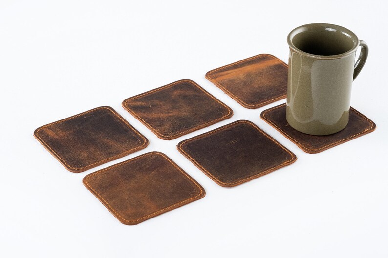 Leather Coasters Set, Custom Coasters for Cafe& Restaurants, Home Decor, Custom Leather Coasters, Set of 6 image 5