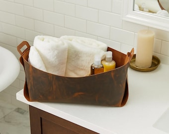 Extra Large Distressed Leather Storage Basket, Handmade Organizer for Bathroom or Living Room