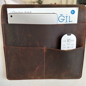 Leather Sofa Armrest Organizer, Handmade Couch & Sofa Caddy with 3 Pockets for Phone, Book, Mini Magazines, Mini Tablets, Remote Controls