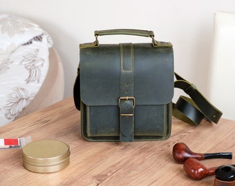 Distressed Leather 8-Pipe Messenger Bag, Handmade Pipe Shoulder Bag