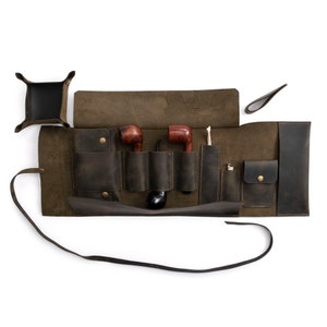 Handmade Leather 3-Pipe Rollup Pouch: Dark Green Travel Bag
