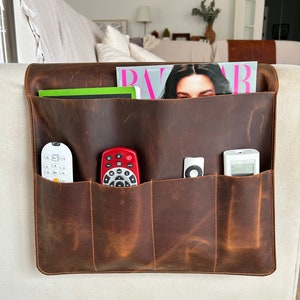 Leather Sofa Armrest Organizer, Handmade Couch & Sofa Caddy with 5 Pockets for Phone, Book, Magazines, Tablet, Remote Controls