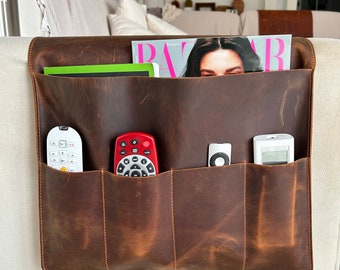 Handmade Leather Sofa Armrest Organizer: Couch Caddy with Pockets