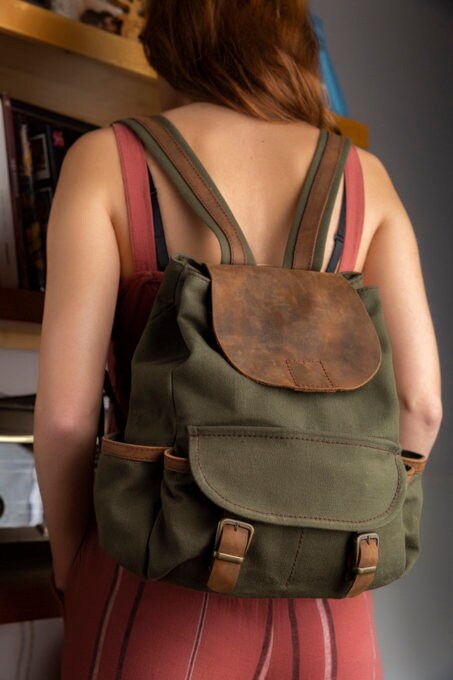 Canvas Backpack, Leather Rucksack 