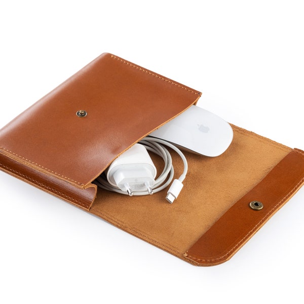 Leather Laptop Charger Organizer, Handmade MacBook Cable & Mouse Case, Leather Cord Case, Personalised Cable Bag for Laptop Accessories