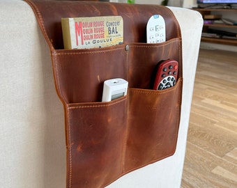 Distressed Leather Sofa Armrest Organizer, 4-Pocket Remote Couch Storage Caddy