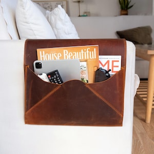 Distressed Leather Sofa Armrest Organizer, Handmade Couch&Sofa Caddy for Phone, Book, Magazines, Tablet, Remote Controls, Bedside Organizer