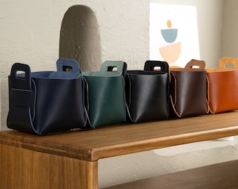 Handmade Vegetable-Tanned Leather Storage Basket: Home & Office Organizer Bin