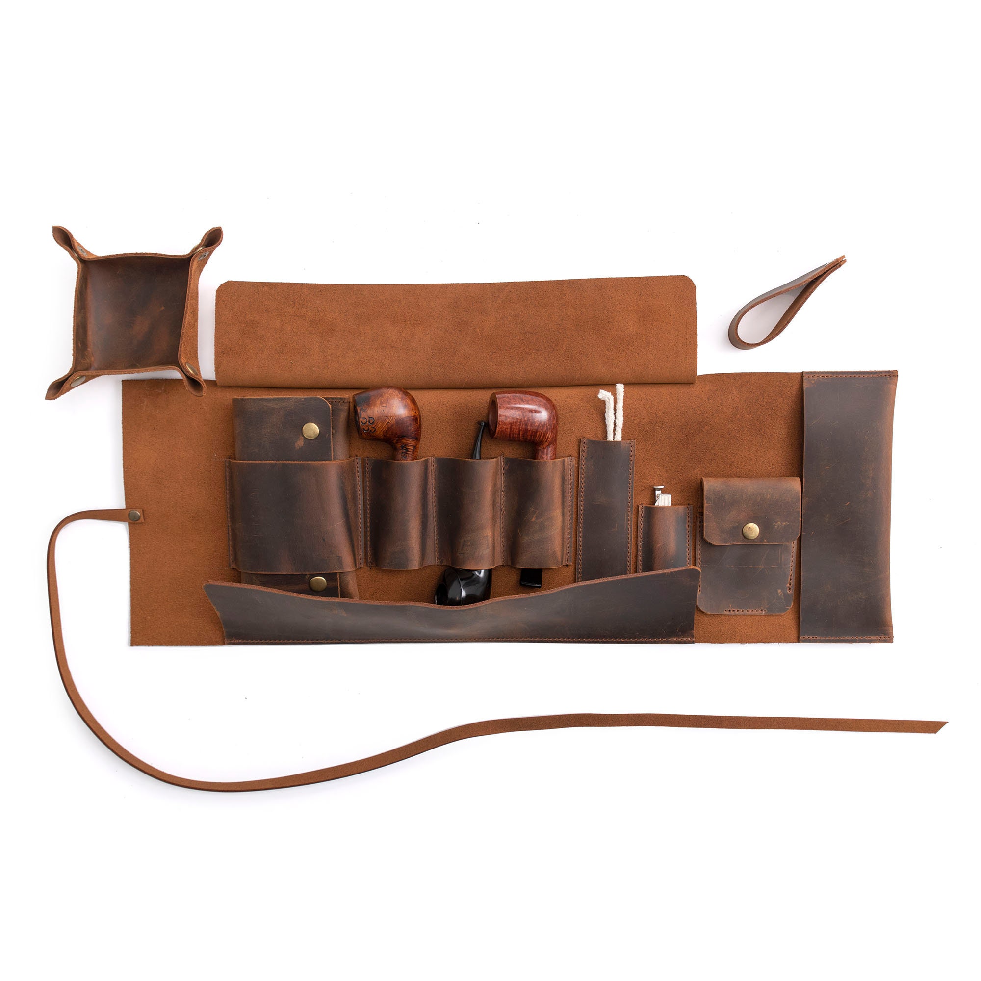 Handmade leather pipe roll, handmade leather pipe bag, leather pipe