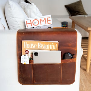 Distressed Leather Sofa Armrest Organizer, Handmade Couch and Sofa Caddy with 6&12 Pockets for Phone, Magazines, Tablet, Remote Controls