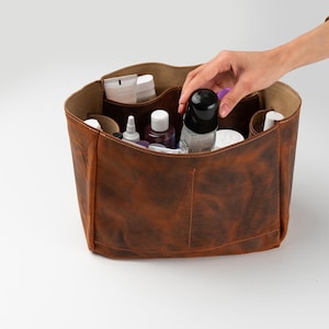 Handmade Distressed Leather Cosmetic Bag: Large Travel Makeup Organizer