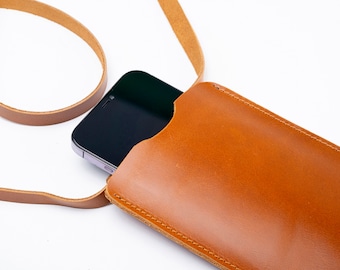 Leather iPhone 15 Pro Max Case, Handmade iPhone Sleeve Bag, iPhone 15 Pro Max Crossbody Case, iPhone Travel Case