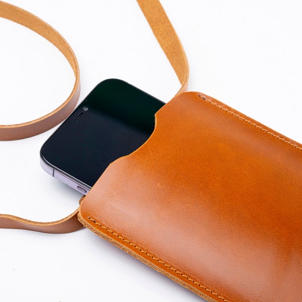 Leather iPhone 15 Pro Max Case, Handmade iPhone Sleeve Bag, iPhone 15 Pro Max Crossbody Case, iPhone Travel Case