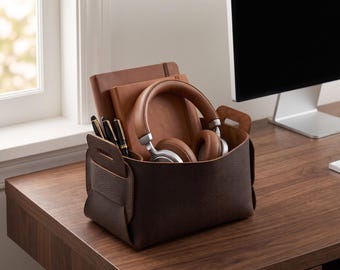 Distressed Leather Storage Basket, Personalized Boho Organizer, Housewarming Gift