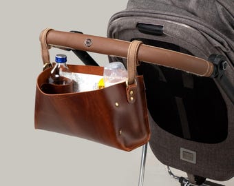 Leather Stroller Caddy, Luxury Stroller Organizer Bag, Handmade