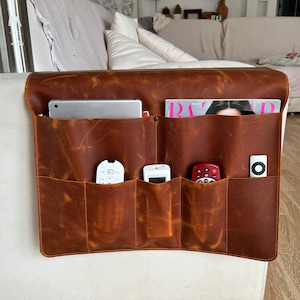 Leather Sofa Armrest Organizer, Handmade Couch & Sofa Caddy with 7 Pockets for Phone, Book, Magazines, Tablet, Remote Controls